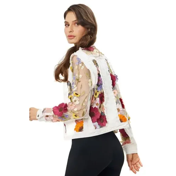 White Denim Jacket with Floral Embroidery - Picture 5 of 6